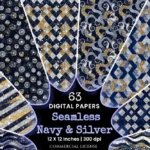 Navy and Silver Seamless Digital Paper - 63 Scrapbook patterns, Blue and silver wedding paper, Silver foil, Commercial use, Digital download