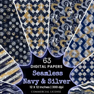 Navy and Silver Seamless Digital Paper - 63 Scrapbook patterns, Blue and silver wedding paper, Silver foil, Commercial use, Digital download