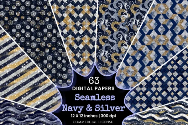 Navy and Silver Seamless Digital Paper - 63 Scrapbook patterns, Blue and silver wedding paper, Silver foil, Commercial use, Digital download
