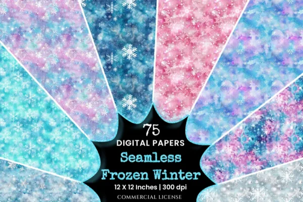 Frozen Winter Seamless Digital Paper - 75 Scrapbook patterns, Glittery snowflake wrapper, Christmas papers, Commercial use, Digital download