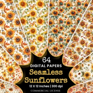 Sunflowers Seamless Digital Paper - 64 Scrapbook patterns, Seamless autumn backgrounds, Fall texture paper, Commercial use, Digital download