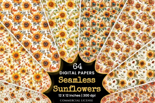 Sunflowers Seamless Digital Paper - 64 Scrapbook patterns, Seamless autumn backgrounds, Fall texture paper, Commercial use, Digital download