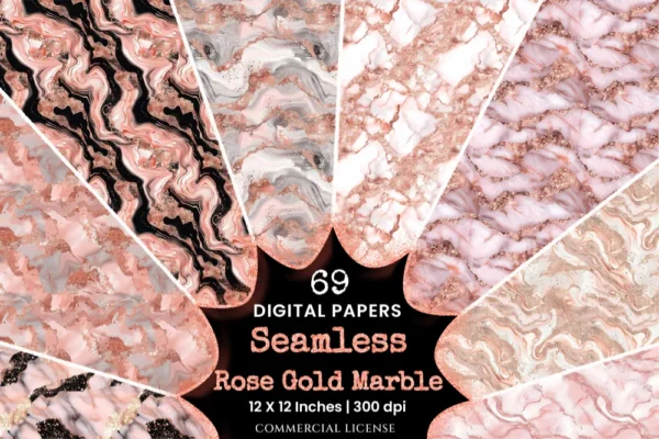Rose Gold Marble Seamless Digital Paper - 69 Scrapbook patterns, Blush pink marble patterns, Marble foil, Commercial use, Digital download