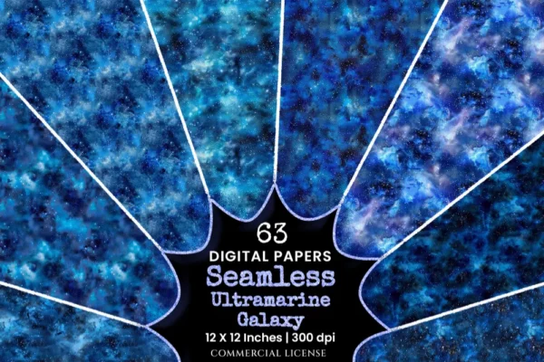 Ultramarine Galaxy Seamless Digital Paper - 63 Scrapbook patterns, Blue night sky backgrounds, Space foil, Commercial use, Digital download