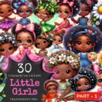 Little Girls PNG Clipart Collection - 30 PNG, Adorable dark-skinned girl illustrations, African girl png, Commercial use, Digital download