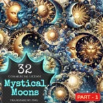 Mystical Moons PNG Clipart Collection - 32 PNG, Mystical lunar illustrations, Cosmic art printables, Commercial use, Digital download