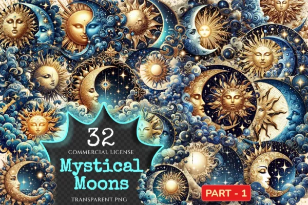 Mystical Moons PNG Clipart Collection - 32 PNG, Mystical lunar illustrations, Cosmic art printables, Commercial use, Digital download