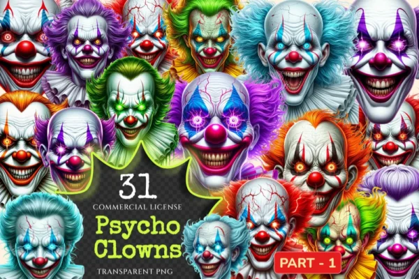 Psycho Clowns PNG Clipart Collection - 31 PNG, Spooky clown illustrations, Haunted circus graphics, Commercial use, Digital download
