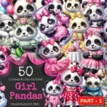 Girl Pandas PNG Clipart Collection - 50 PNG, Charming panda illustrations, Sweet panda printable art, Commercial use, Digital download