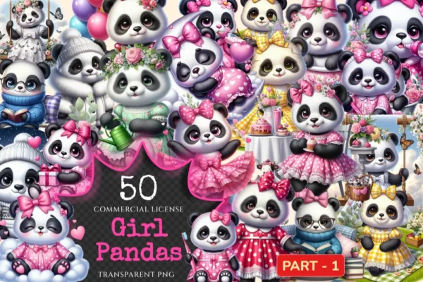 Girl Pandas PNG Clipart Collection - 50 PNG, Charming panda illustrations, Sweet panda printable art, Commercial use, Digital download