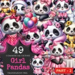 Girl Pandas (P-2) PNG Clipart Collection - 49 PNG, Charming panda illustrations, Sweet panda printable art, Commercial use, Digital download
