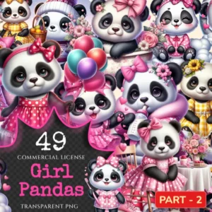 Girl Pandas (P-2) PNG Clipart Collection - 49 PNG, Charming panda illustrations, Sweet panda printable art, Commercial use, Digital download