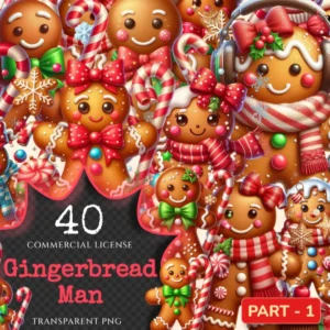 Gingerbread Man PNG Clipart Collection - 40 PNG, Holiday cookie illustrations, Festive printable art, Commercial use, Digital download
