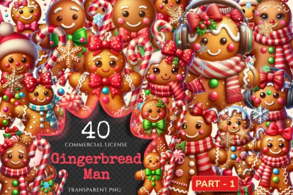 Gingerbread Man PNG Clipart Collection - 40 PNG, Holiday cookie illustrations, Festive printable art, Commercial use, Digital download