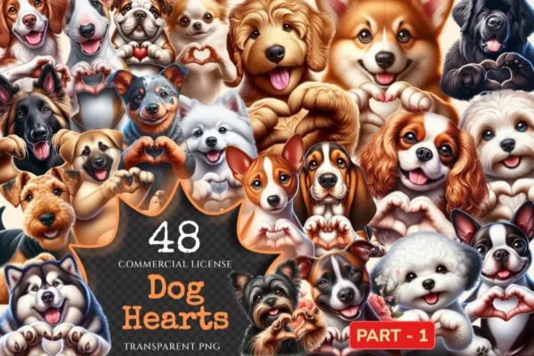 Dog Hearts PNG Clipart Collection - 48 PNG, Charming puppy illustrations, Sweet dog love printables, Commercial use, Digital download