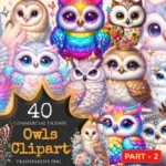 Owls (P-2) PNG Clipart Collection - 40 PNG, Charming owl illustrations, Forest creature printables, Commercial use, Digital download