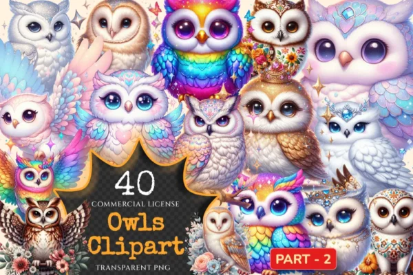 Owls (P-2) PNG Clipart Collection - 40 PNG, Charming owl illustrations, Forest creature printables, Commercial use, Digital download