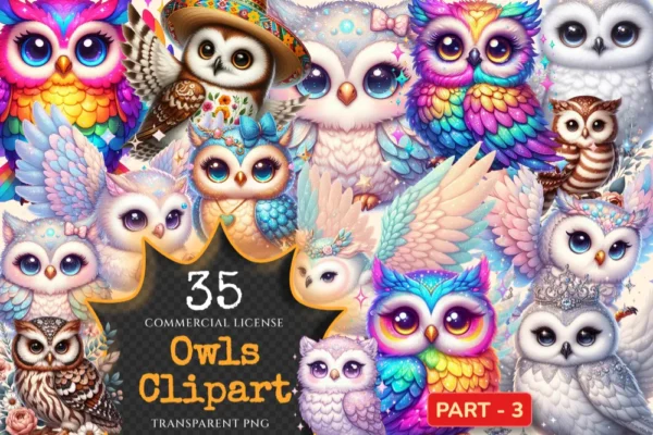 Owls (P-3) PNG Clipart Collection - 35 PNG, Charming owl illustrations, Forest creature printables, Commercial use, Digital download