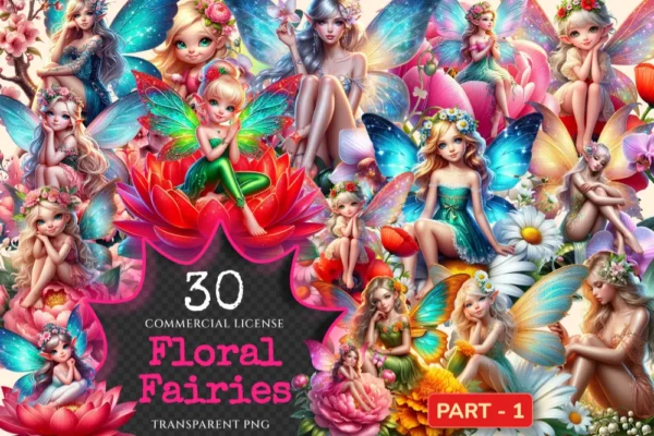 Floral Fairies PNG Clipart Collection - 30 PNG, Magical fairy graphics, Floral themed printables, Commercial use, Digital download
