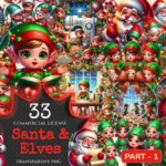 Santa & Elves PNG Clipart Collection - 33 PNG, Cheerful holiday illustrations, Xmas images, Commercial use, Digital download