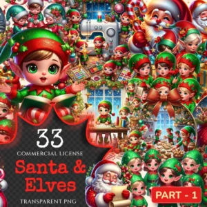 Santa & Elves PNG Clipart Collection - 33 PNG, Cheerful holiday illustrations, Xmas images, Commercial use, Digital download