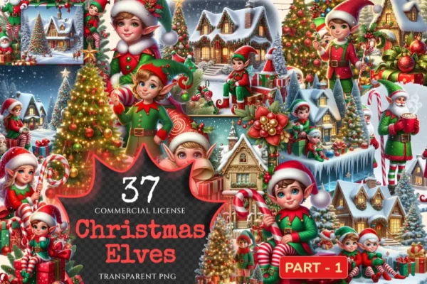 Christmas Elves PNG Clipart Collection - 37 PNG, Holiday elf illustrations, Festive season printables, Commercial use, Digital download