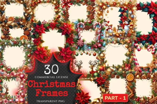 Christmas Frames PNG Clipart Collection - 30 PNG, Festive frame graphics, Holiday borders printable, Commercial use, Digital download