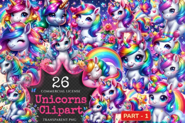 Unicorns PNG Clipart Collection - 26 PNG, Whimsical unicorn graphics, Fairytale inspired printables, Commercial use, Digital download