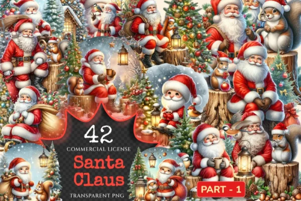 Santa Claus PNG Clipart Collection - 42 PNG, Christmas santa illustrations, Festive printables, Commercial use, Digital download