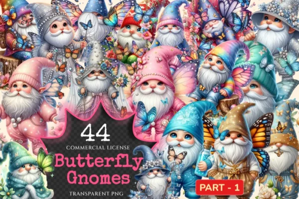 Butterfly Gnomes PNG Clipart Collection - 44 PNG, Gnome gardener graphics, Charming butterfly png, Commercial use, Digital download