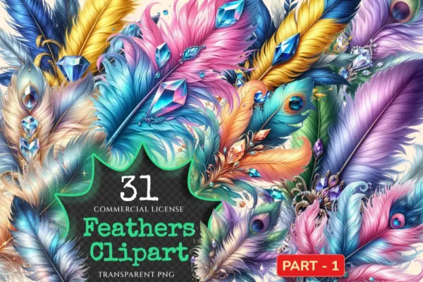 Feathers PNG Clipart Collection - 31 PNG, Artistic feather illustrations, Elegant printables, Commercial use, Digital download