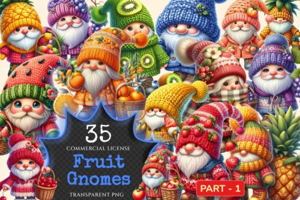 Fruit Gnomes PNG Clipart Collection - 35 PNG, Cute fruit gnome graphics, Charming gnome printables, Commercial use, Digital download