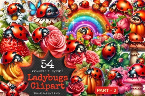 Ladybugs (P-2) PNG Clipart Collection - 54 PNG, Charming little bug illustrations, Lovable red insect art, Commercial use, Digital download