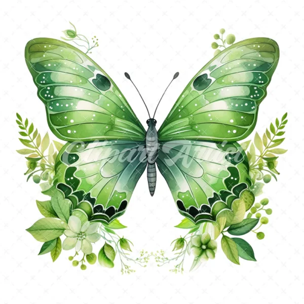 20 High-Quality Green Floral Butterfly Clipart - Butterfly digital watercolor JPG instant download for commercial use - Digital download
