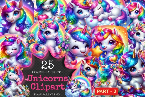 Unicorns (P-2) PNG Clipart Collection - 25 PNG, Whimsical unicorn graphics, Fairytale inspired printables, Commercial use, Digital download