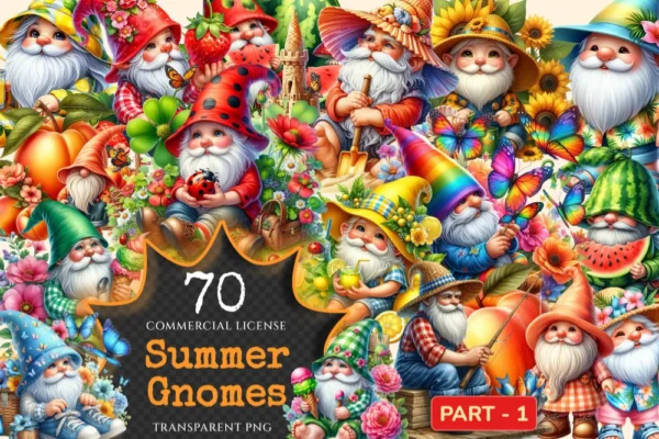 Summer Gnomes PNG Clipart Collection - 70 PNG, Bright summer gnome illustration, Cheerful printables, Commercial use, Digital download