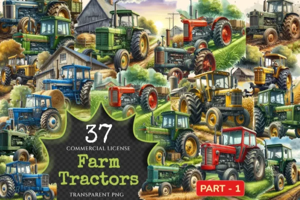 Farm Tractors PNG Clipart Collection - 37 PNG, Farm tractor illustrations, Rural agriculture art, Commercial use, Digital download