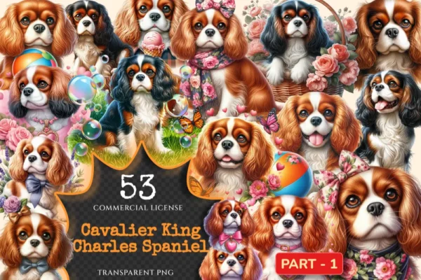 Cavalier King Charles Spaniel PNG Clipart Collection - 53 PNG, Charming dog illustrations, Spaniel art, Commercial use, Digital download