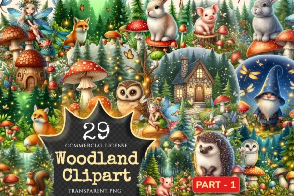Woodland PNG Clipart Collection - 29 PNG, Woodland creatures illustration, Whimsical forest art, Commercial use, Digital download