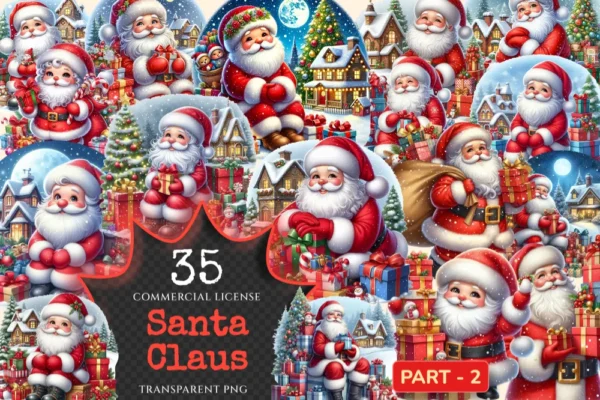 Santa Claus (P-2) PNG Clipart Collection - 35 PNG, Christmas santa illustrations, Festive printables, Commercial use, Digital download