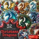 Christmas Dragons PNG Clipart Collection - 32 PNG, Holiday dragon graphics, Festive fantasy art, Commercial use, Digital download