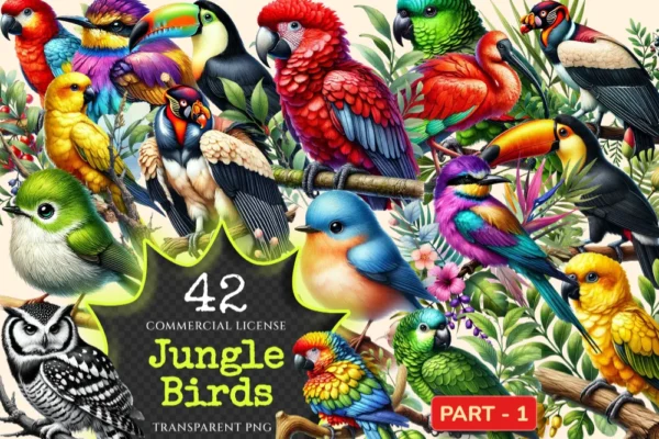 Jungle Birds PNG Clipart Collection - 42 PNG, Exotic feathered graphics, Tropical bird art, Commercial use, Digital downloadv