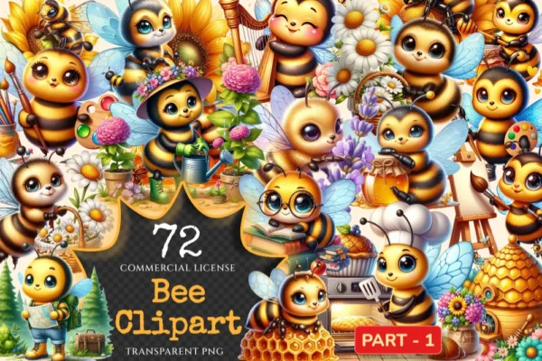 Bee PNG Clipart Collection - 72 PNG, Busy honeybee illustrations, Cute bee printables, Commercial use, Digital download