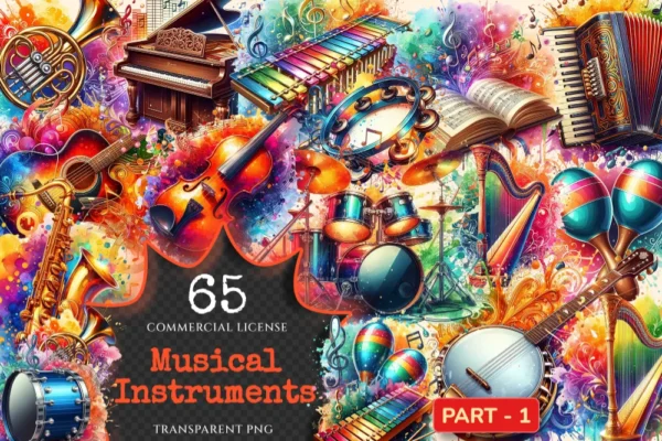Musical Instruments PNG Clipart Collection - 65 PNG, Colorful music graphics, Instrument printables, Commercial use, Digital download
