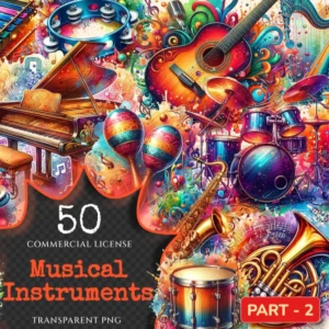 Musical Instruments (P-2) PNG Clipart Collection - 50 PNG, Colorful music graphics, Instrument printables, Commercial use, Digital download
