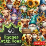 Gnomes With Cows PNG Clipart Collection - 40 PNG, Quirky gnome and cow graphics, Farmhouse prints, Commercial use, Digital download
