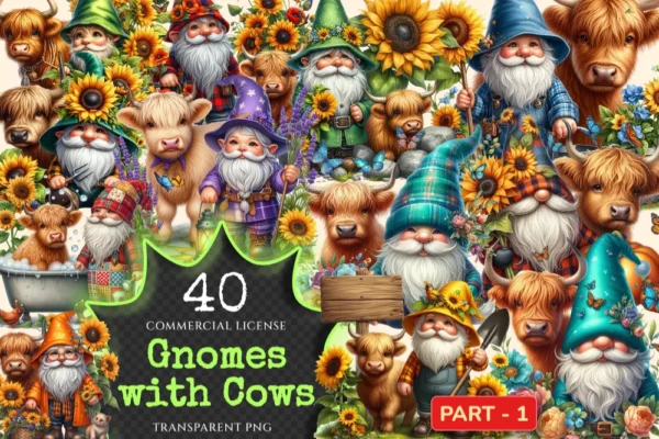 Gnomes With Cows PNG Clipart Collection - 40 PNG, Quirky gnome and cow graphics, Farmhouse prints, Commercial use, Digital download