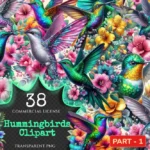 Hummingbirds PNG Clipart Collection - 38 PNG, Tropical bird illustrations, Vibrant floral printables, Commercial use, Digital download