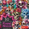 Floral Skulls PNG Clipart Collection - 50 PNG, Dark gothic illustrations, Floral skull printables, Commercial use, Digital download