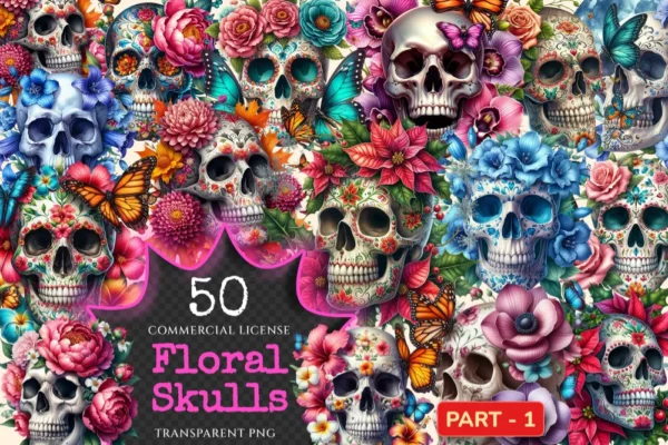 Floral Skulls PNG Clipart Collection - 50 PNG, Dark gothic illustrations, Floral skull printables, Commercial use, Digital download